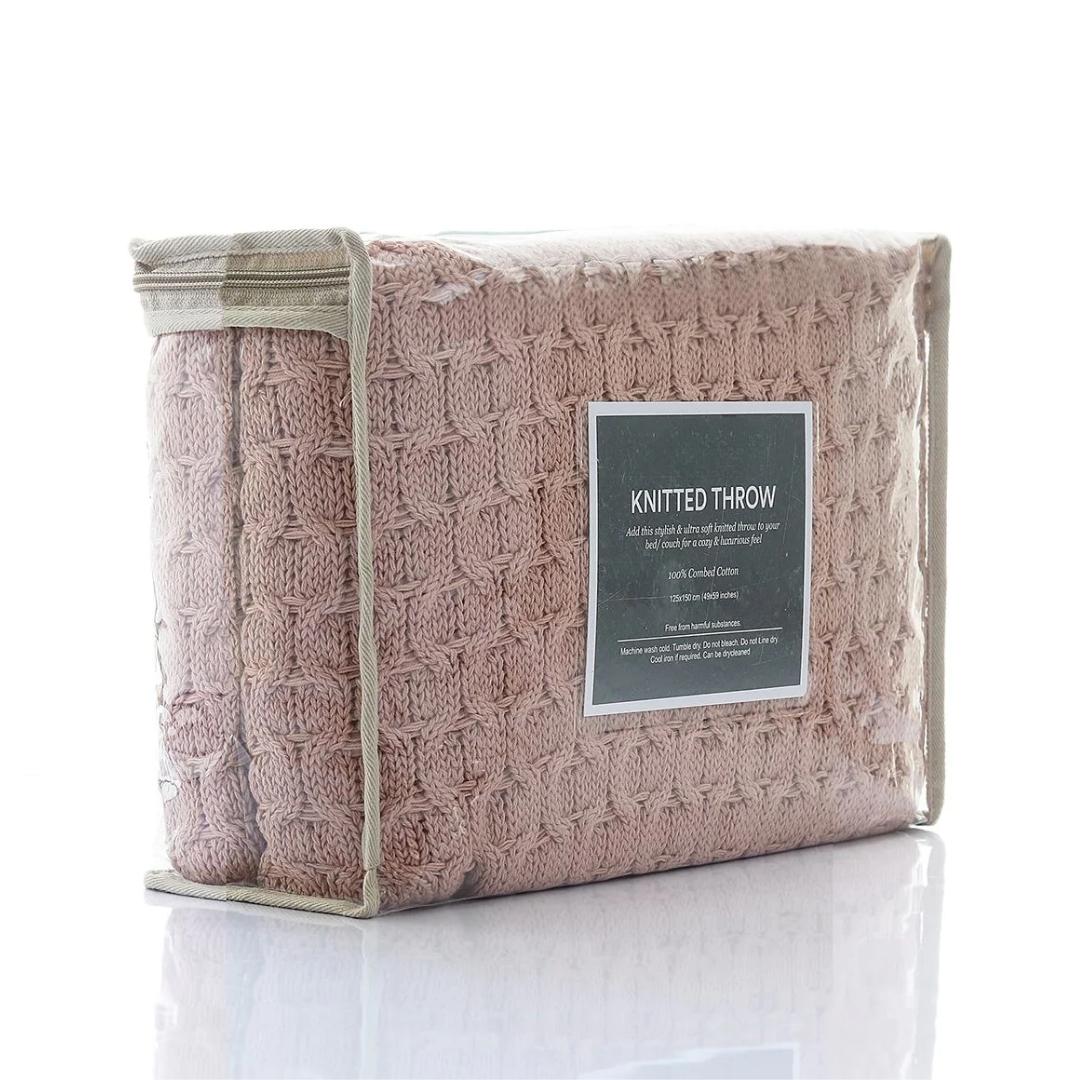 Kelly Knit Pale Pink Cotton Knitted Throw Blanket (50 in x 60 in)