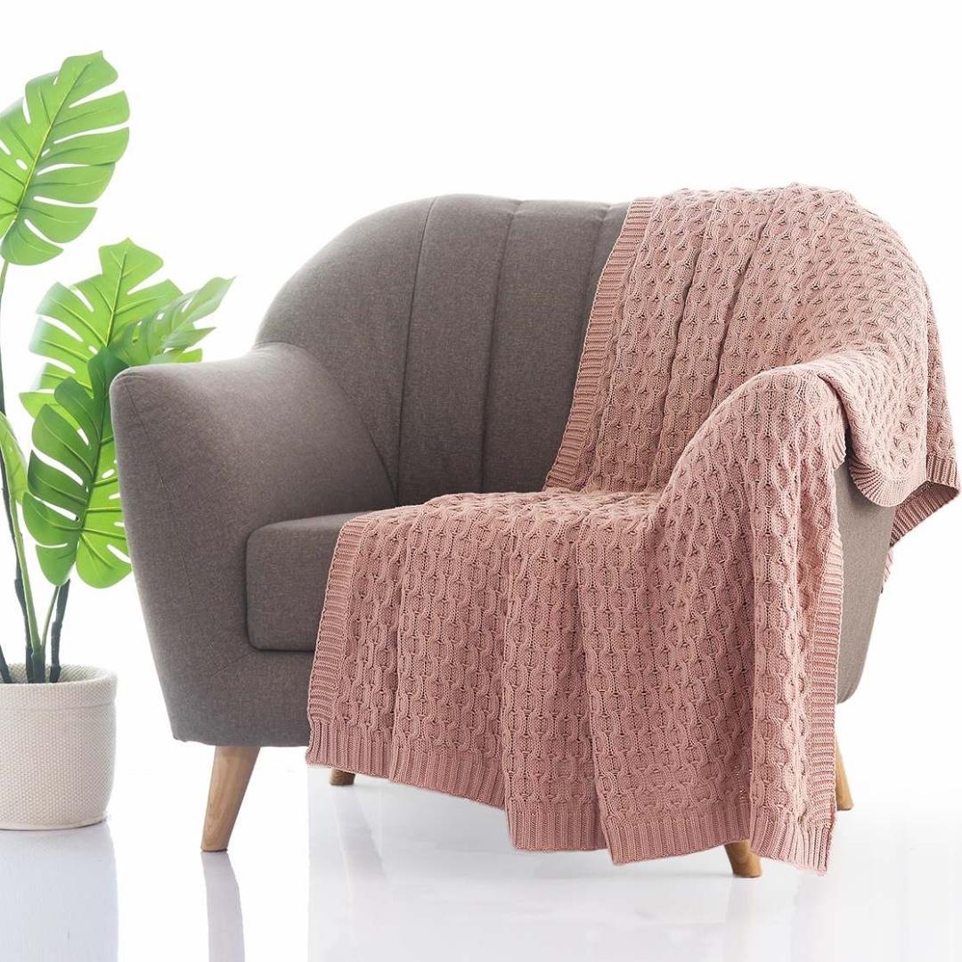 Kelly Knit Pale Pink Cotton Knitted Throw Blanket (50 in x 60 in)