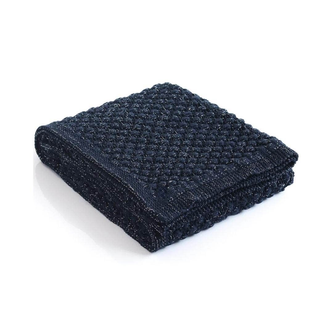 Popcorn Navy With Silver Lurex Throw & Cushion Cover Set (18 in x 18 in)