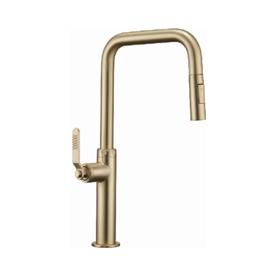 Simoll Table Mounted Pull-Out Kitchen Sink Mixer Abby SM-1646 with Extractable Hand Shower Spout in Brushed Gold Finish