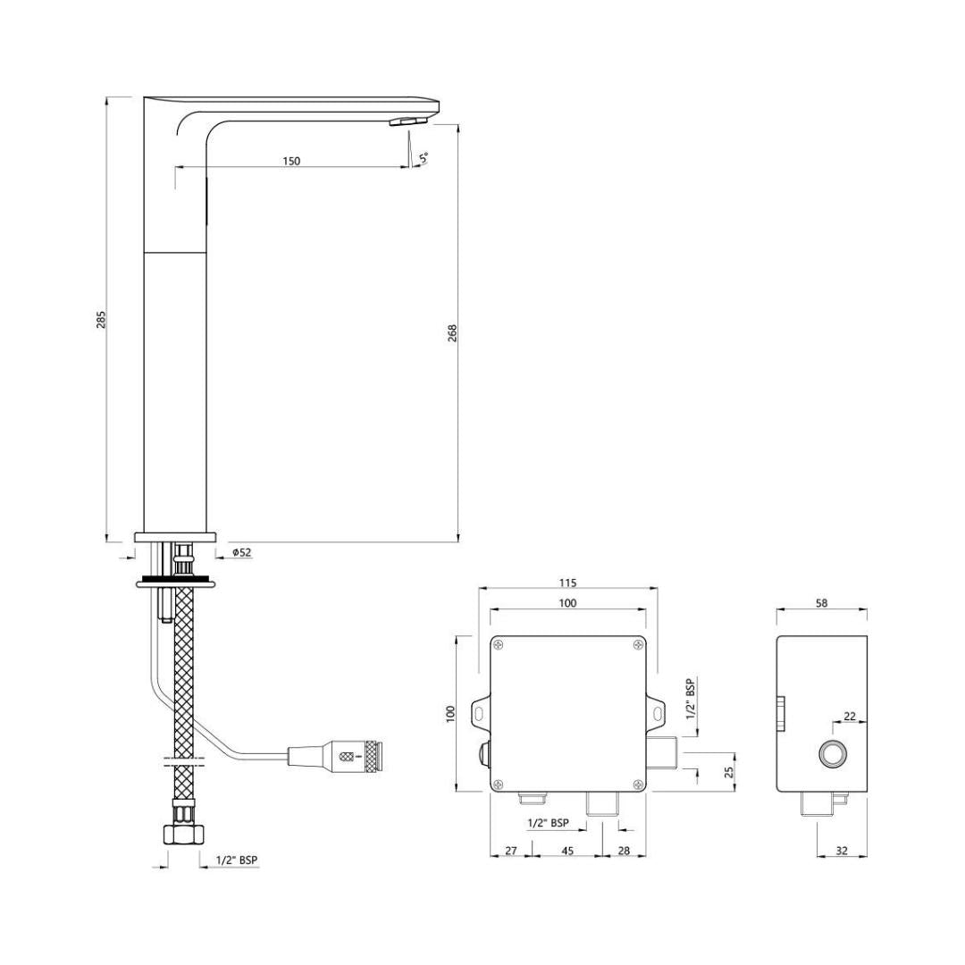 Jaquar Table Mounted Tall Boy Sensor Basin Tap Opal Prime SNR 15017PM - Black Matt - DC Operated