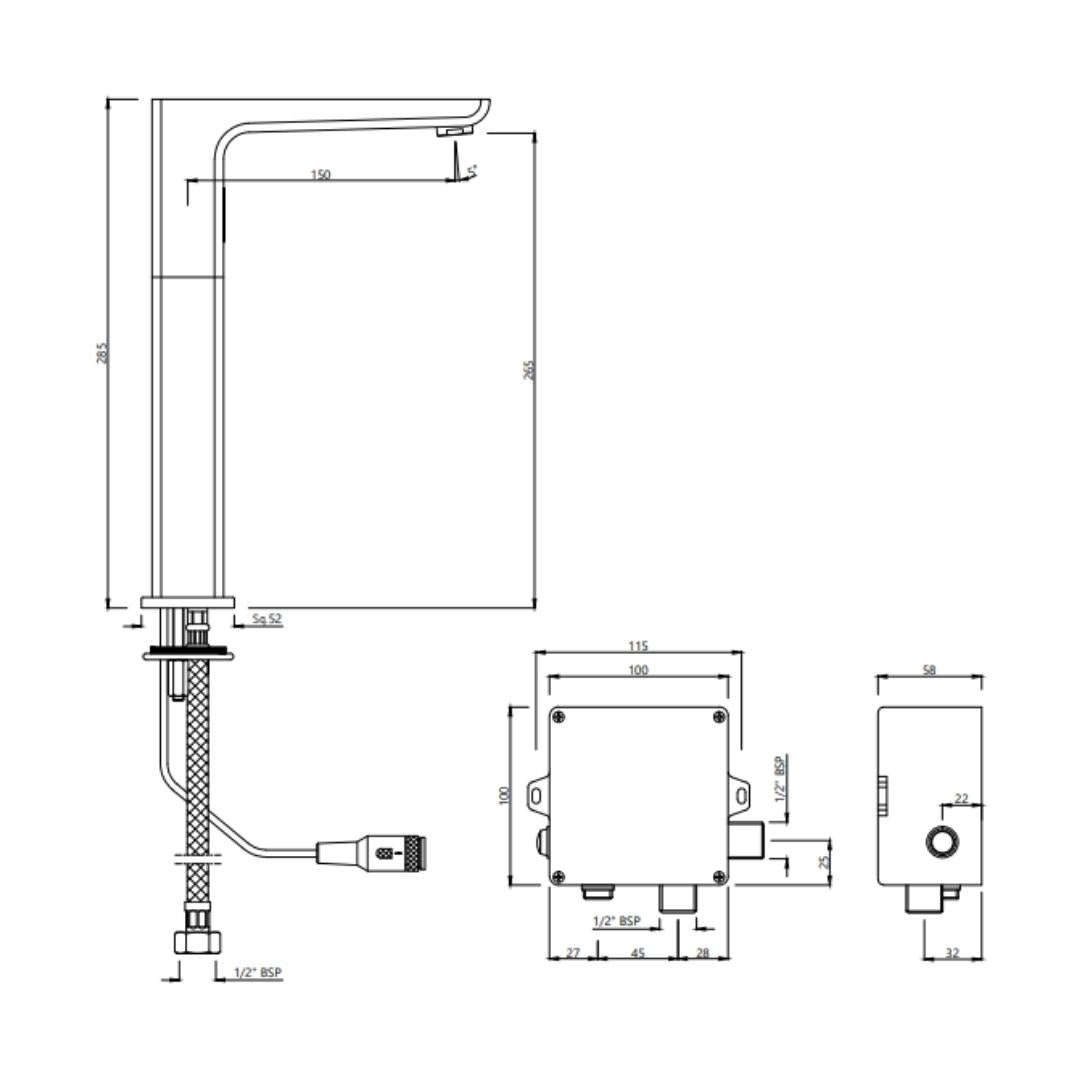 Jaquar Table Mounted Tall Boy Sensor Basin Tap Kubix Prime SNR 35017PM - Black Matt - DC Operated