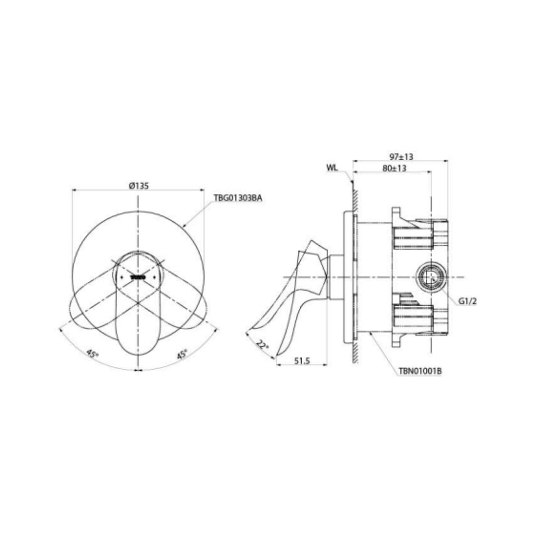 Toto 1 Way Diverter GO TBG01303BA - Chrome Finish