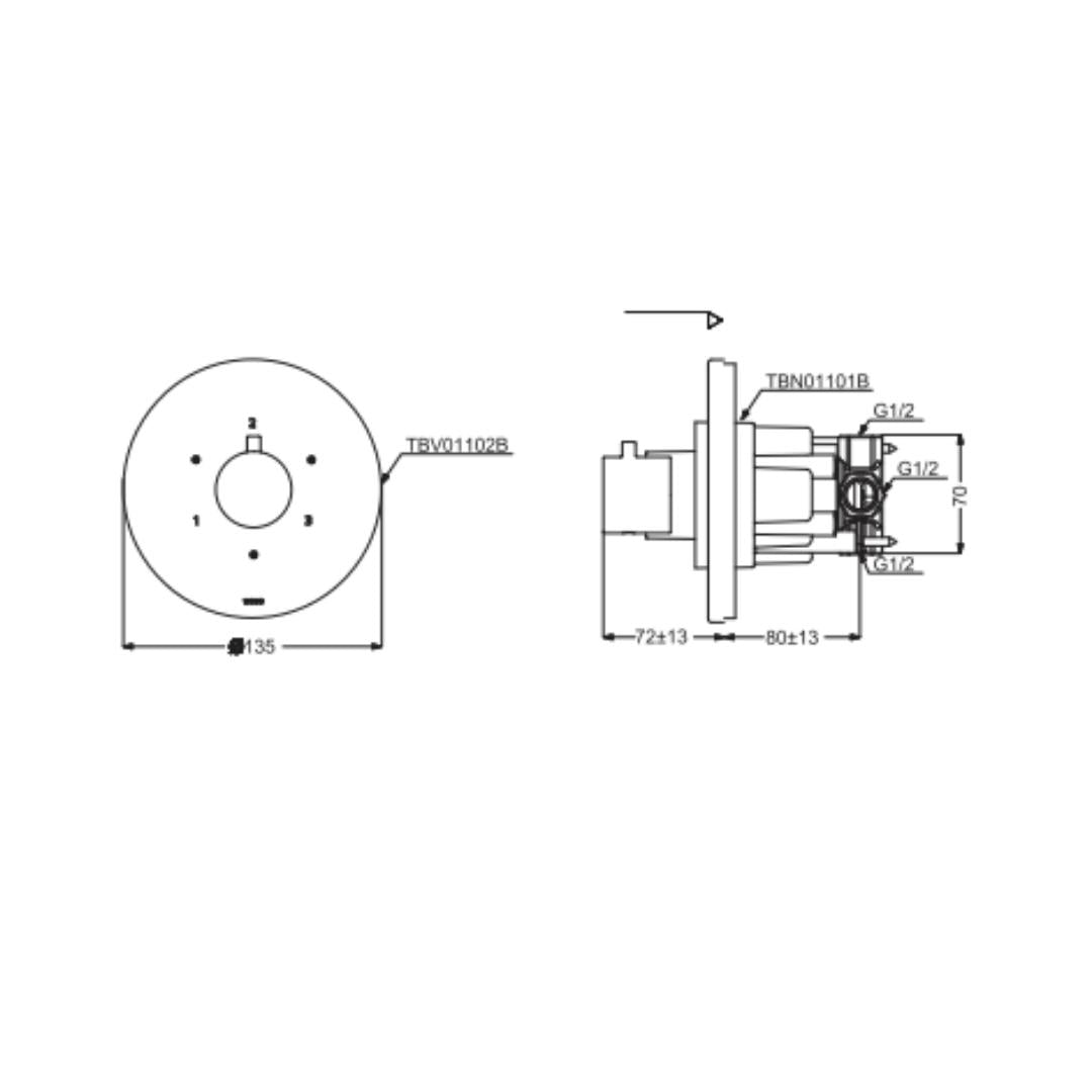 Toto 3 Way Thermostatic Diverter Concealed Thermostat TBV01102B - Chrome Finish