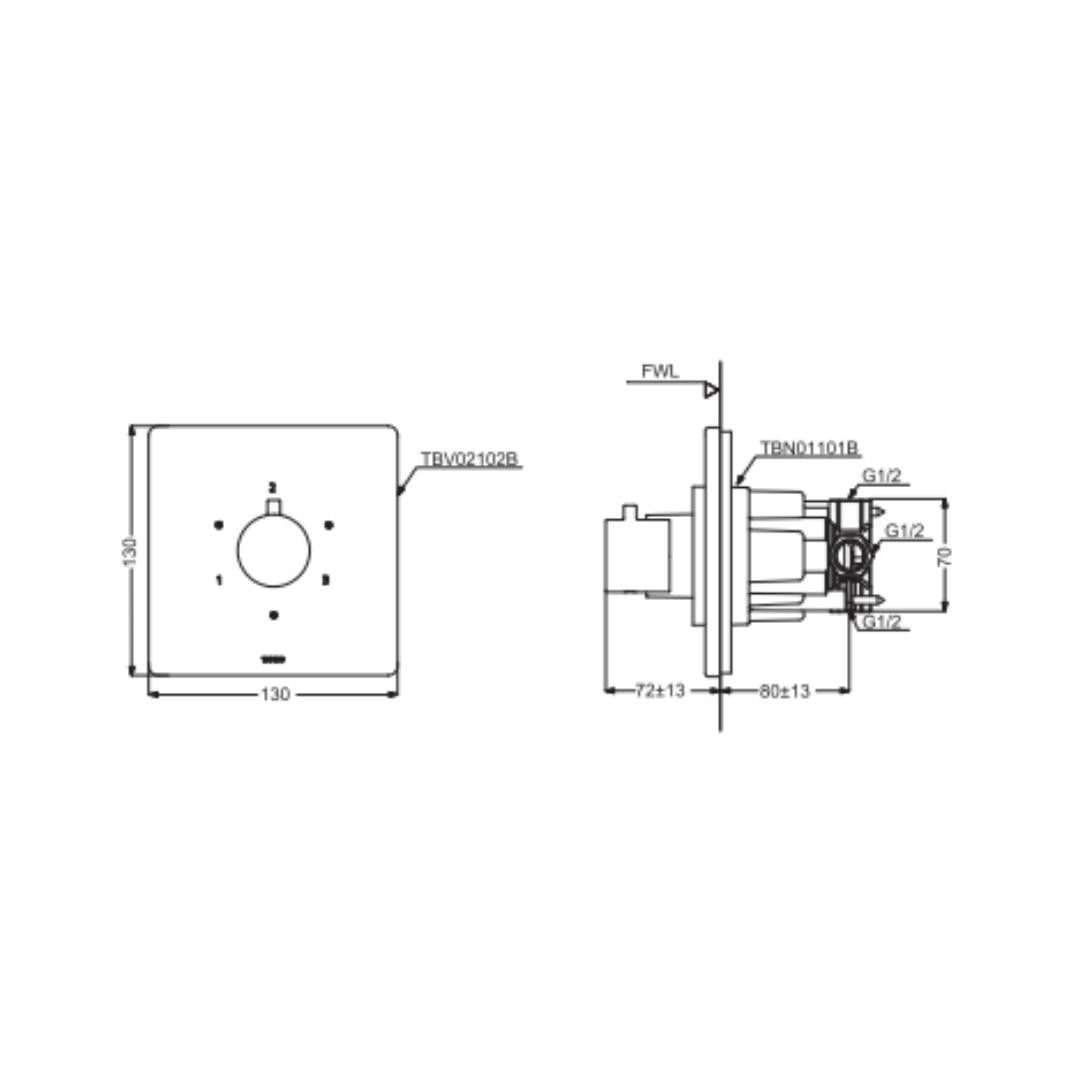 Toto 3 Way Thermostatic Diverter Concealed Thermostat TBV02102B - Chrome Finish