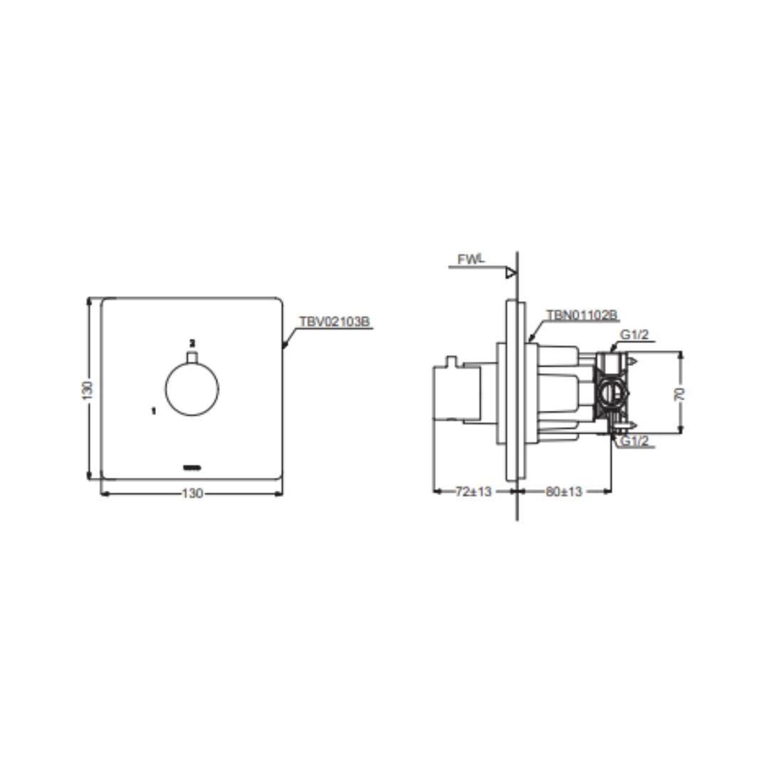 Toto 2 Way Thermostatic Diverter Concealed Thermostat TBV02103B - Chrome Finish