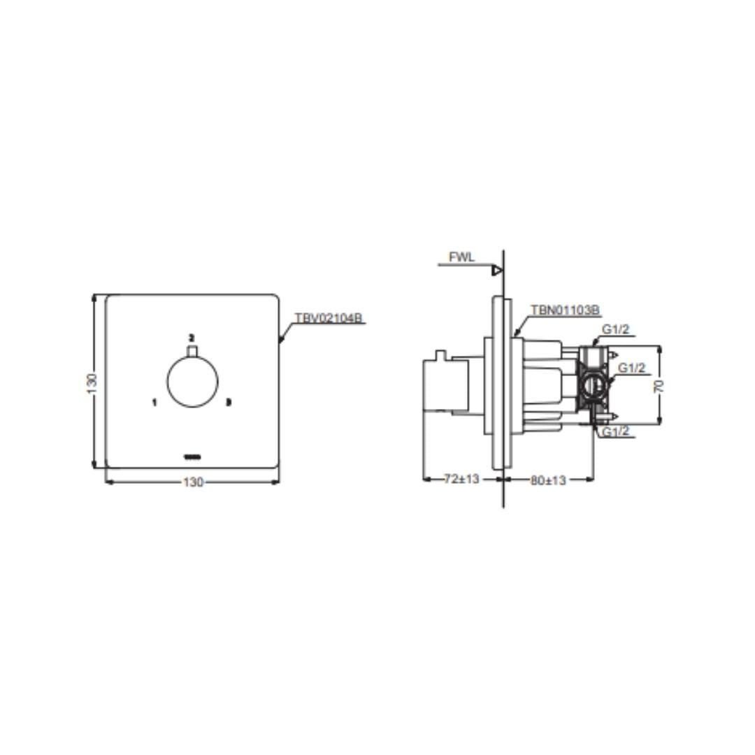 Toto 3 Way Thermostatic Diverter Concealed Thermostat TBV02104B - Chrome Finish