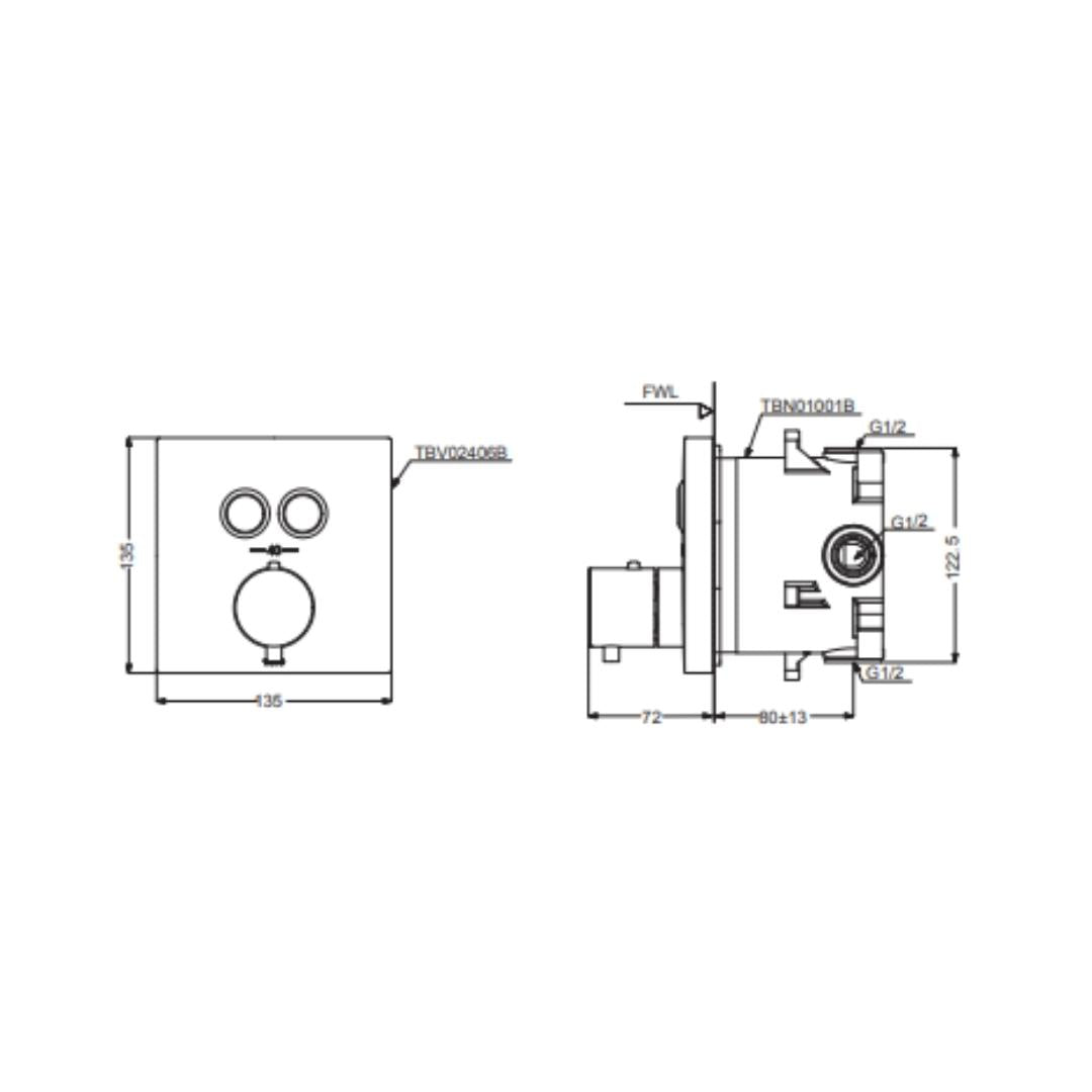 Toto 2 Way Thermostatic Diverter Concealed Thermostat TBV02406B - Chrome Finish