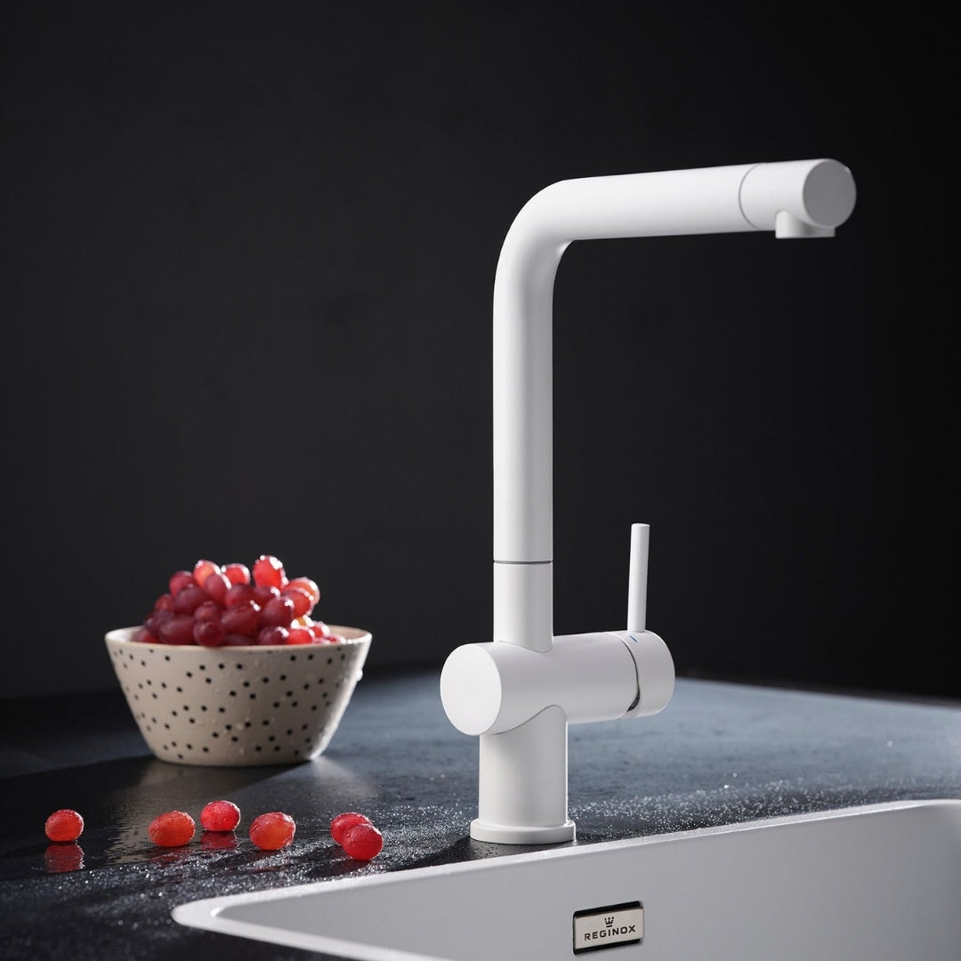 Reginox Table Mounted Regular Kitchen Sink Mixer YADKIN with Extractable Hand Shower Spout in White Finish