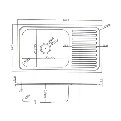 Hafele Stainless Steel Sink Astral Series SINGLE BOWL WITH DRAIN BOARD ASTRAL 3620 ( 36 x 20 inches ) - Glossy