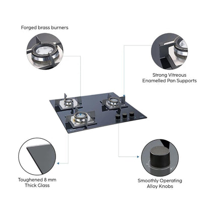 Glen 60 cm 3 Burner Hob BH 1063 SQ DB