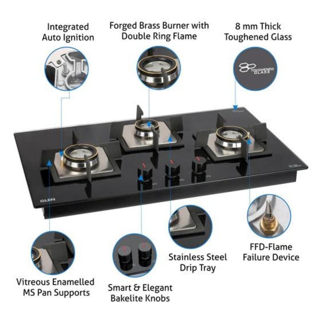 Glen 73 cm 3 Burner Hob BH 1073 SQ HT DB FFD
