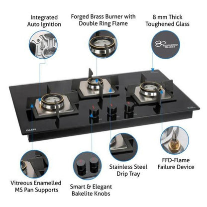 Glen 73 cm 3 Burner Hob BH 1073 SQ HT DB FFD