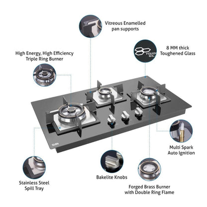 Glen 73 cm 3 Burner Hob BH 1073 SQ HT DB TR