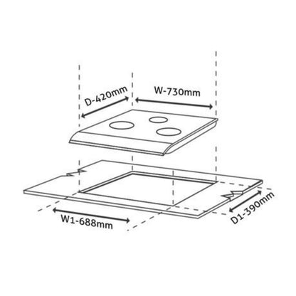 Glen 73 cm 3 Burner Hob BH 1073 SQ HT TOTAL DB TR