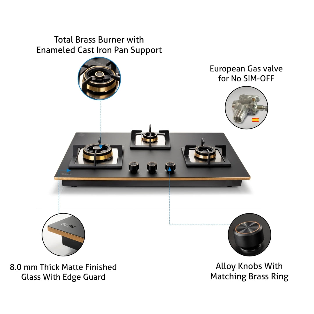 Glen 73 cm 3 Burner Hob Matt Glass Series BH 1073 XL SQ HT TDB TR MG