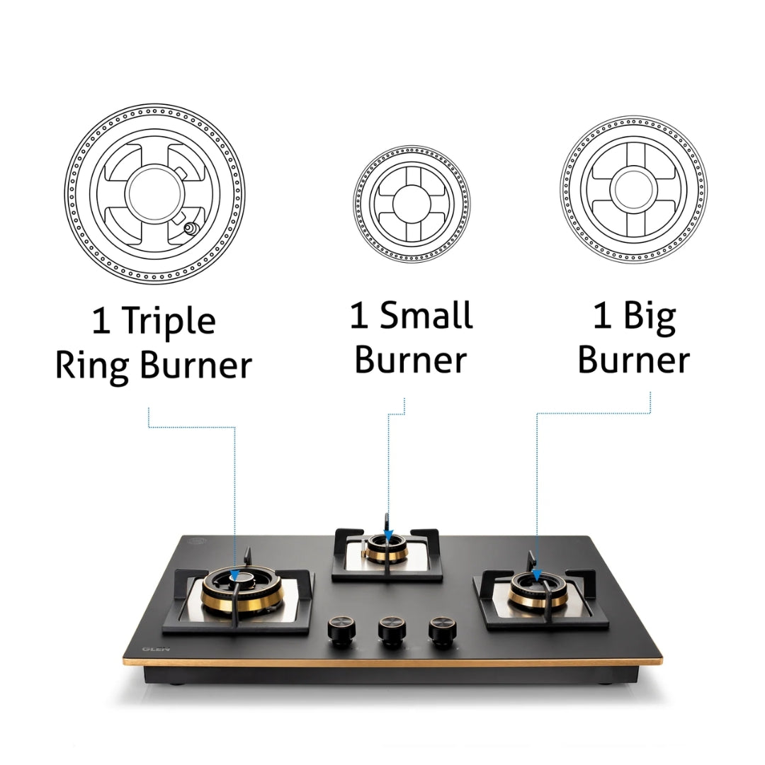 Glen 73 cm 3 Burner Hob Matt Glass Series BH 1073 XL SQ HT TDB TR MG