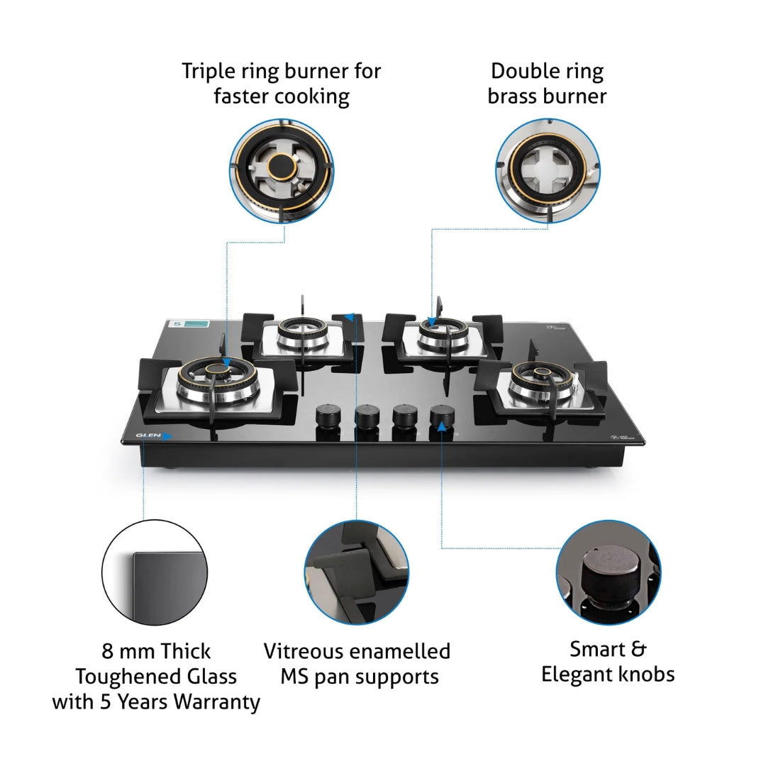 Glen 77 cm 4 Burner Hob BH 1074 SQ HT DB 2TR 77