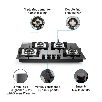 Glen 77 cm 4 Burner Hob BH 1074 SQ HT DB 2TR 77