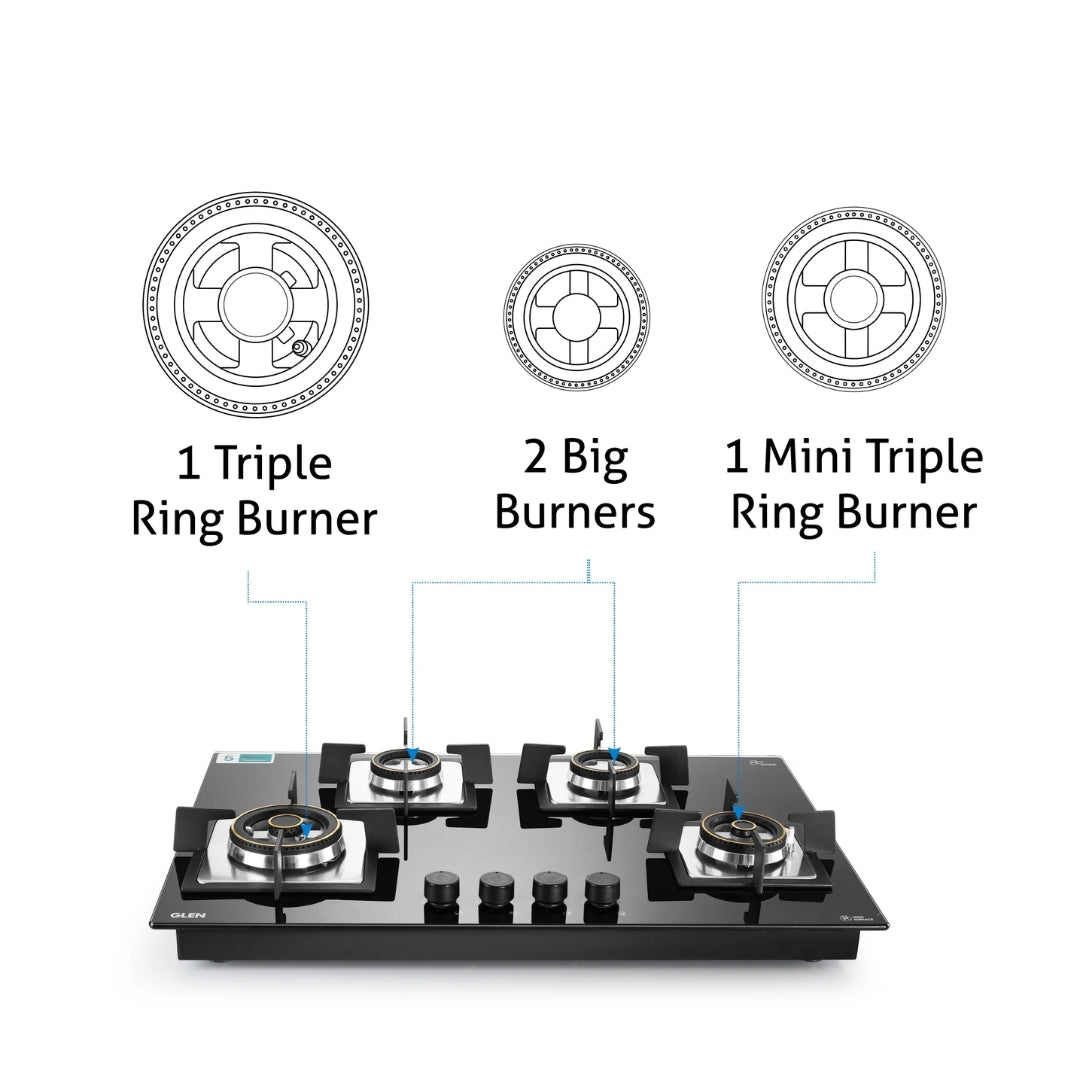 Glen 77 cm 4 Burner Hob BH 1074 SQ HT DB 2TR 77