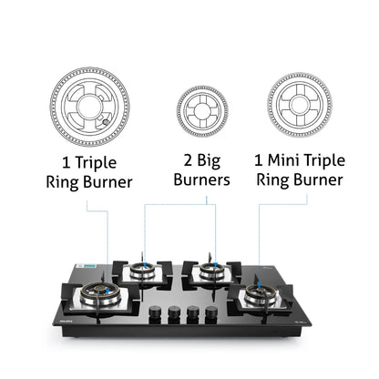 Glen 77 cm 4 Burner Hob BH 1074 SQ HT DB 2TR 77