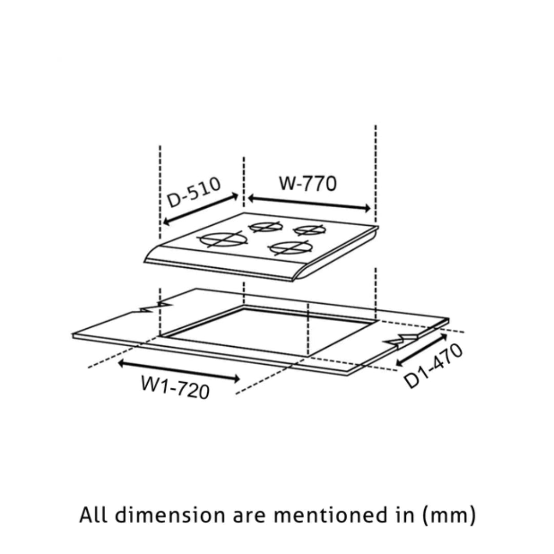 Glen 77 cm 4 Burner Hob BH 1074 SQ HT DB 2TR 77