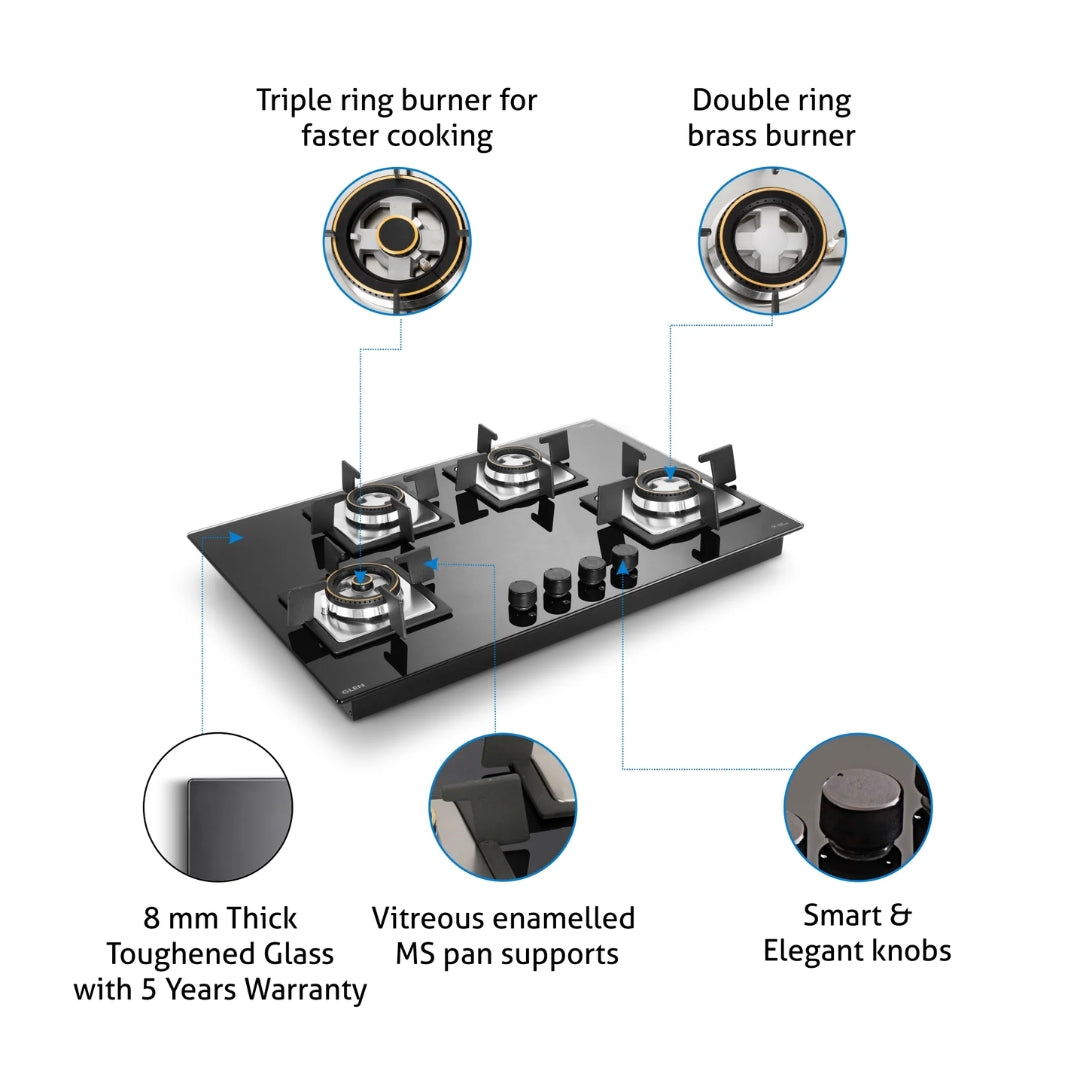 Glen 74 cm 4 Burner Hob BH 1074 SQ HT DB MTR