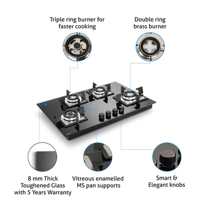 Glen 74 cm 4 Burner Hob BH 1074 SQ HT DB MTR