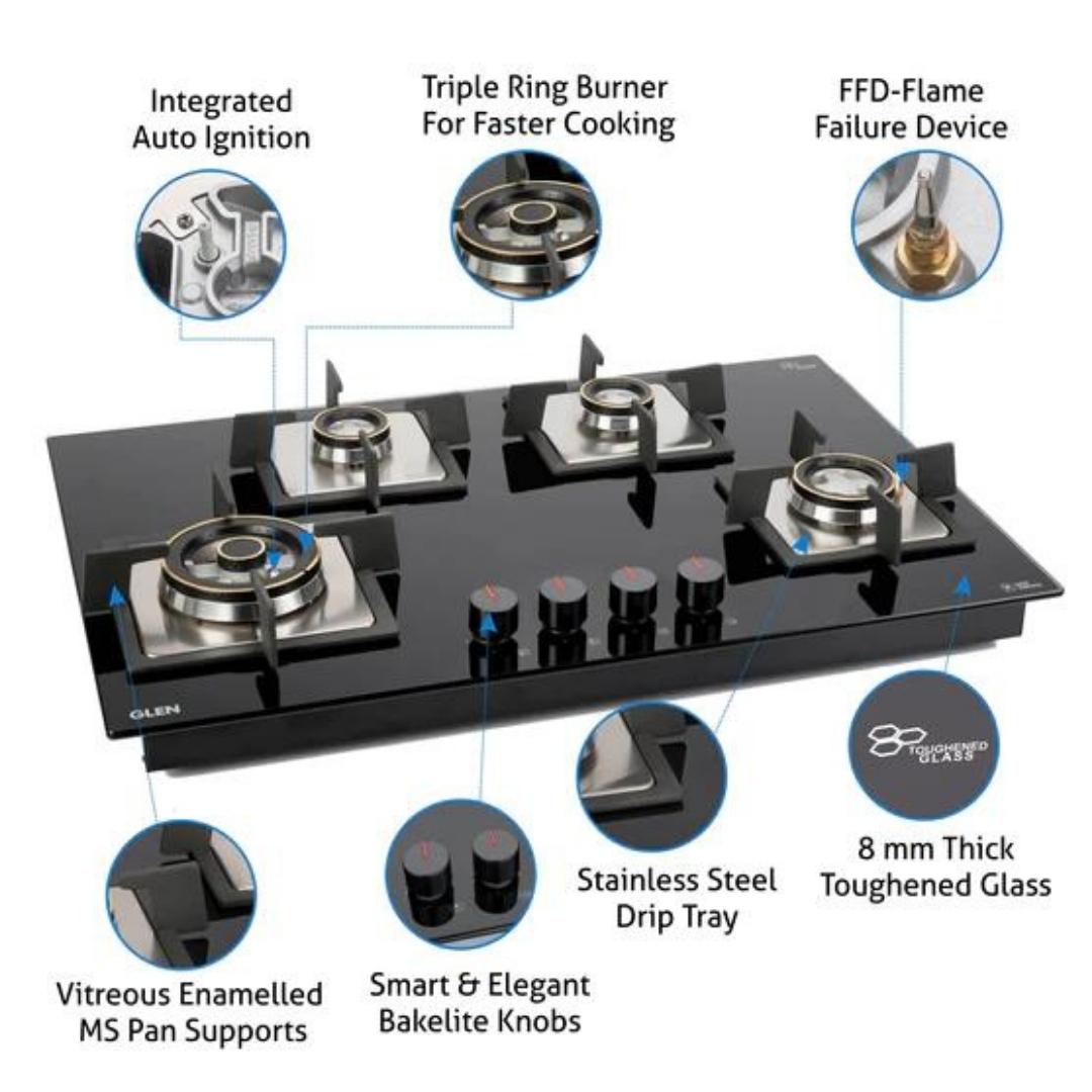 Glen 77 cm 4 Burner Hob BH 1074 SQ HT DB TR FFD 77