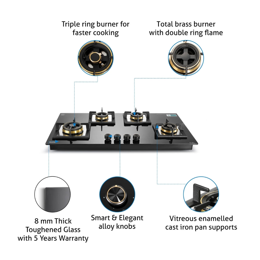 Glen 90 cm 4 Burner Hob Matt Glass Series BH 1094 XL SQ HT TDB 2TR