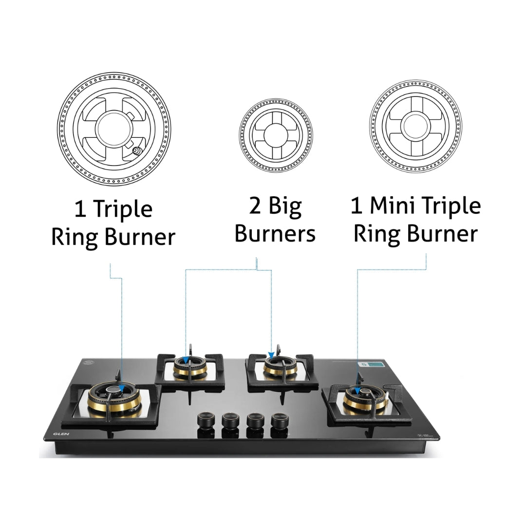 Glen 90 cm 4 Burner Hob Matt Glass Series BH 1094 XL SQ HT TDB 2TR