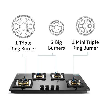 Glen 90 cm 4 Burner Hob Matt Glass Series BH 1094 XL SQ HT TDB 2TR