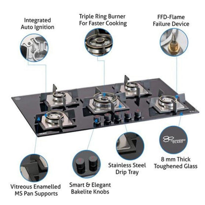Glen 90 cm 5 Burner Hob BH 1095 SQ DB TR FFD