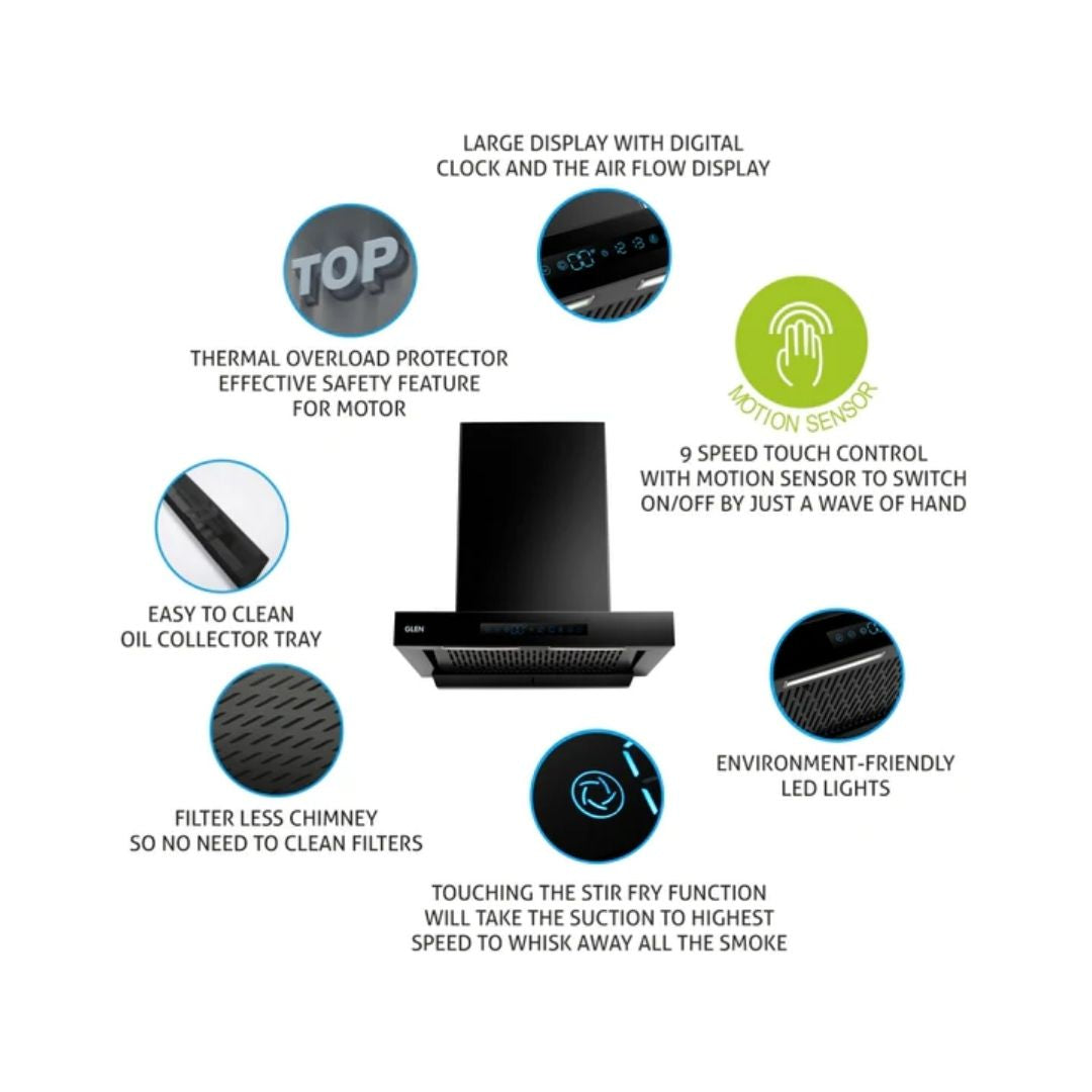 Glen 60 cm Wall Mounted Chimney Filterless Series CH 6053 BL BLDC AC 60 + Glen Cooking Range CR 2014 DB AI