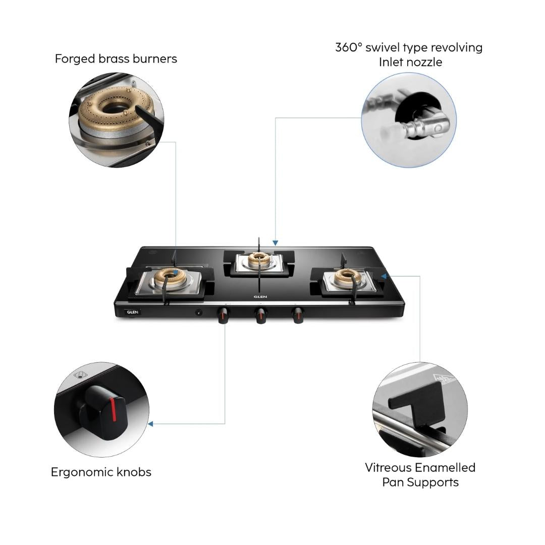 Glen 78 cm 3 Burner Cooktop CT 1035 Ultra Slim Mirror AI