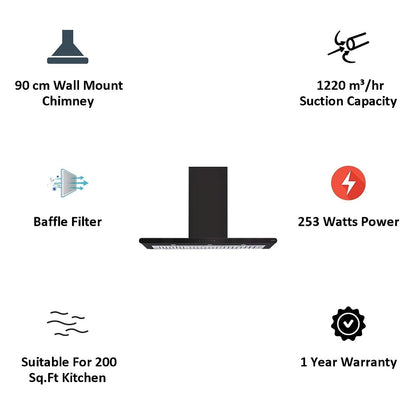 Elica 90 cm Wall Mounted Chimney Decorative Series GALAXY ETB PLUS LTW 90 NERO T4V LED