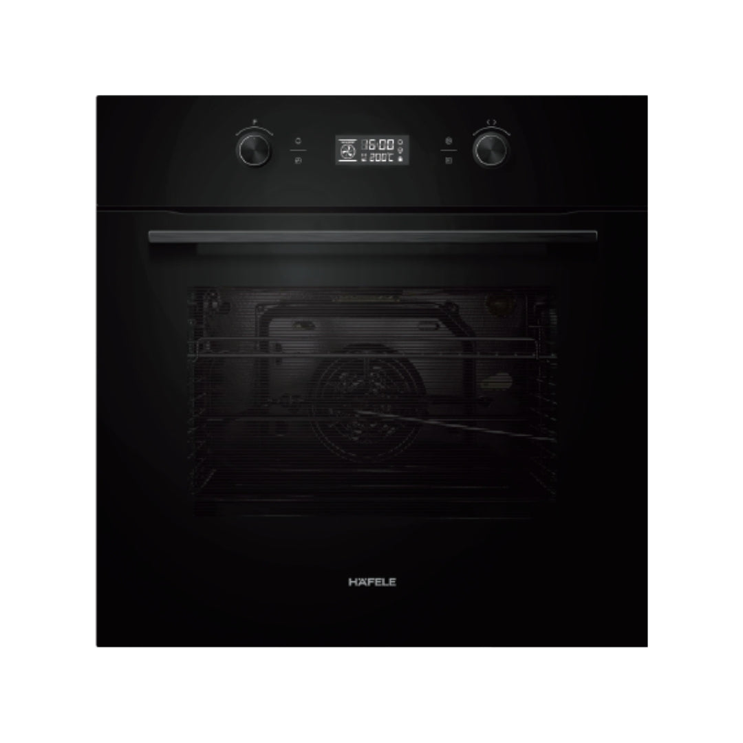Hafele Built In Oven AURORA 80 + Hafele Built-In Microwave AURORA 25 + Hafele 60 cm Wall Mounted Chimney Essentia Series RENATA CURVED 60 + Hafele 60 cm 3 Burner Hob Essentia Series AUGUSTA 360