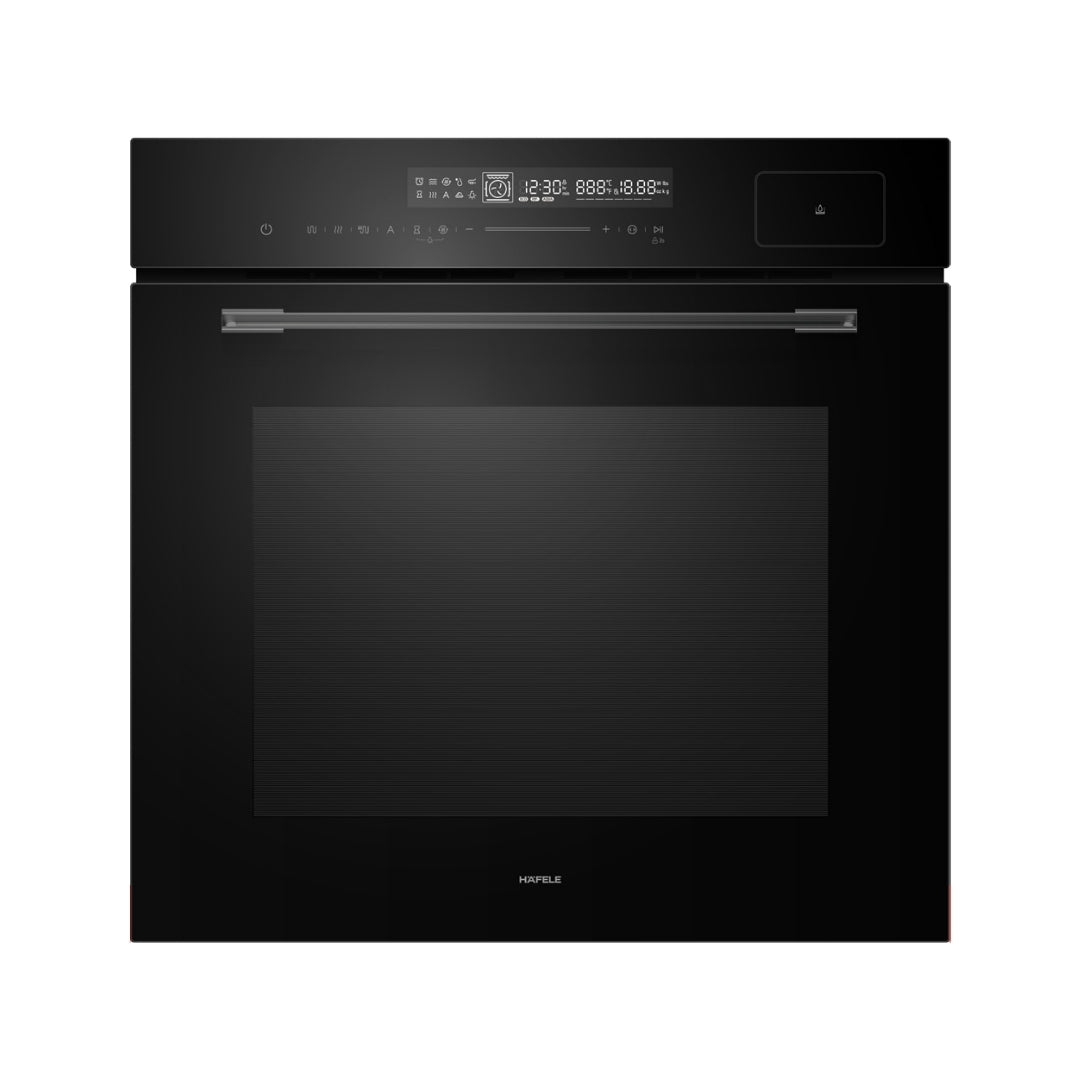 Hafele Built In Oven with Full Steam MIDORA FULL STEAM OVEN + Hafele Built-In Microwave ENZO 28 + Hafele 90 cm Wall Mounted Chimney TERESA NEO I-90 BLDC + Hafele 90 cm 5 Burner Hob Cronus Series CRONUS 590 + Hafele Free Standing Dishwasher AQUA CHROME 13 FS with 13 Place Settings