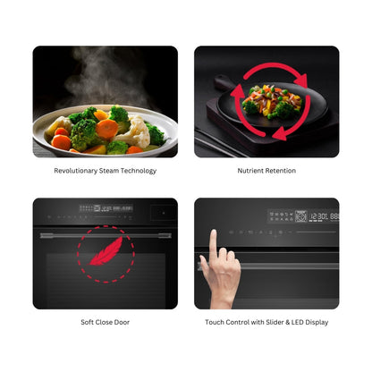 Hafele Built In Oven with Full Steam MIDORA FULL STEAM OVEN + Hafele Built-In Microwave ENZO 28 + Hafele 90 cm Wall Mounted Chimney TERESA T-90 BLDC + Hafele 90 cm 5 Burner Hob Cronus Series CRONUS 590 + Hafele Free Standing Dishwasher AQUA CHROME 13 FS with 13 Place Settings