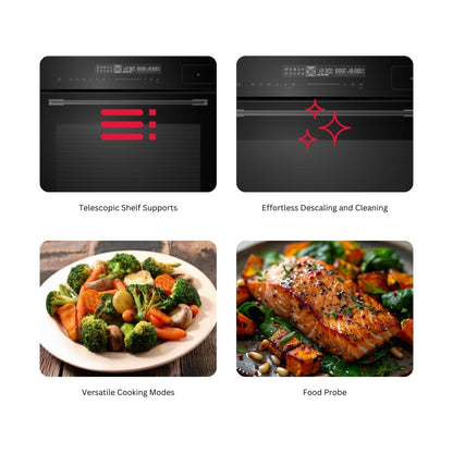 Hafele Built In Oven with Full Steam MIDORA FULL STEAM OVEN + Hafele Built-In Microwave ENZO 28 + Hafele 90 cm Wall Mounted Chimney TERESA T-90 BLDC + Hafele 90 cm 5 Burner Hob Cronus Series CRONUS 590 + Hafele Free Standing Dishwasher AQUA CHROME 13 FS with 13 Place Settings