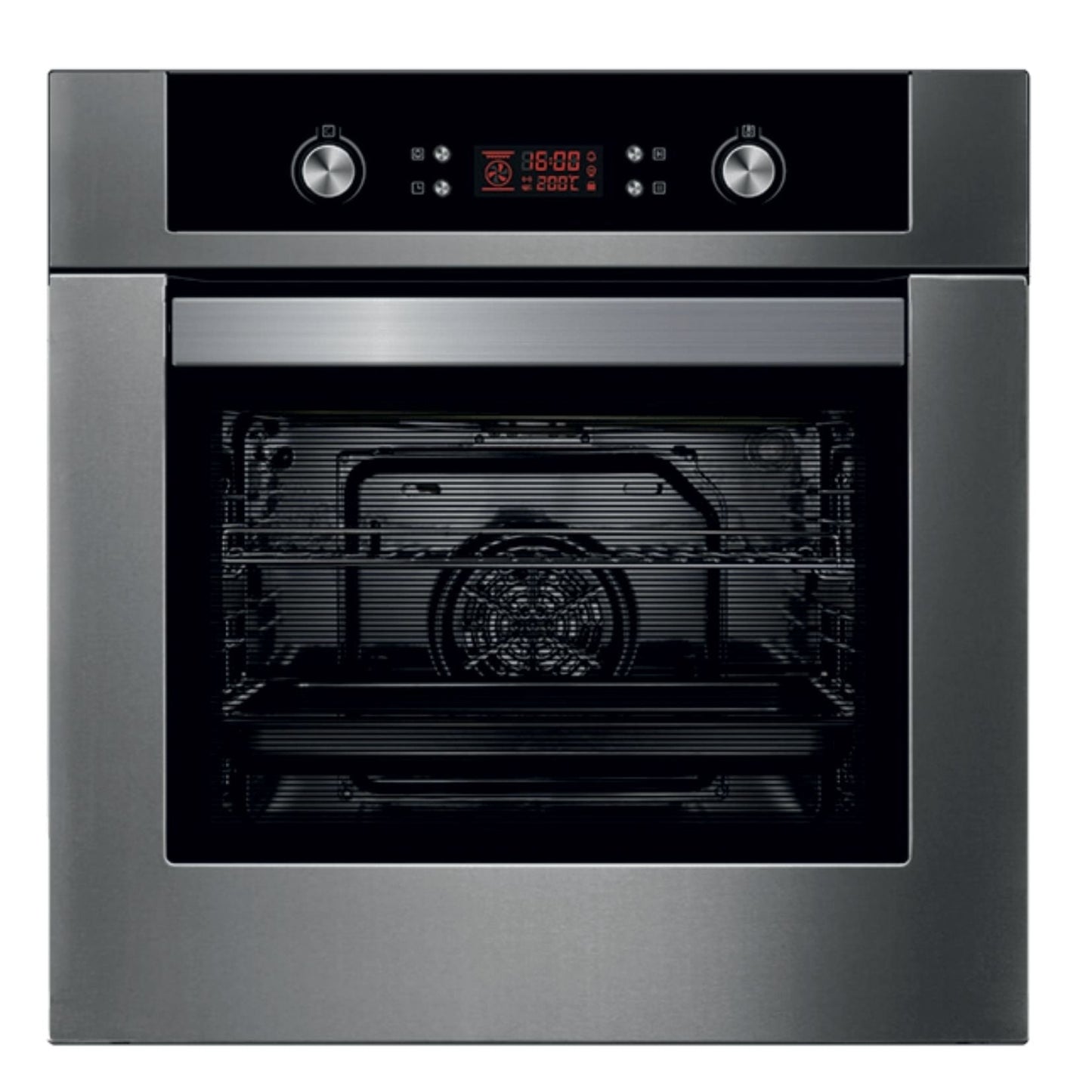 Hafele Built In Oven RIBB 70 + Hafele Built-In Microwave MARIA 28 + Hafele 60 cm Wall Mounted Chimney Essentia Series RENATA INCLINED 60 + Hafele 60 cm 3 Burner Hob Essentia Series VERENA 360
