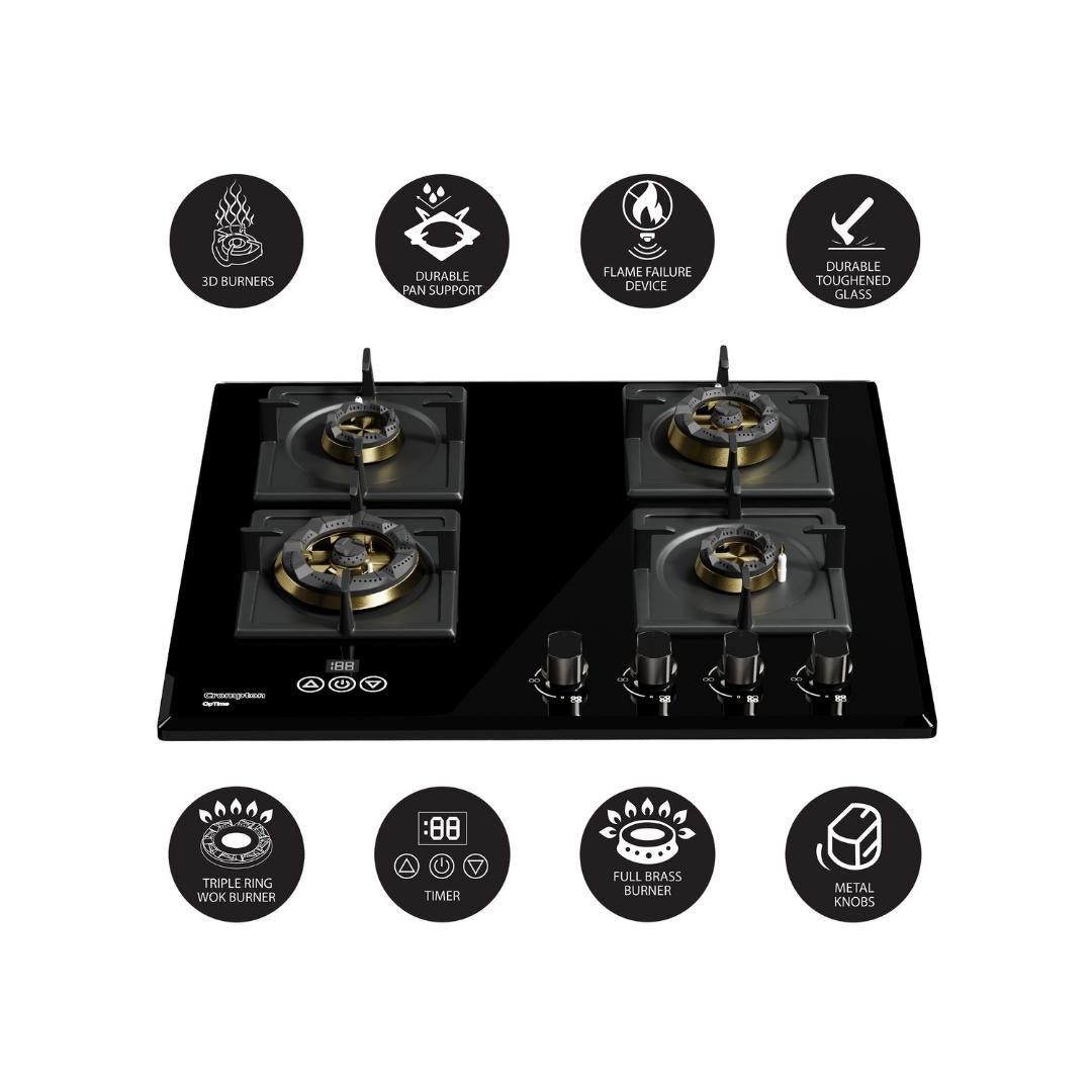 Crompton 60 cm 4 Burner Hob Optime Series HOB-OPFB604TI-MBL