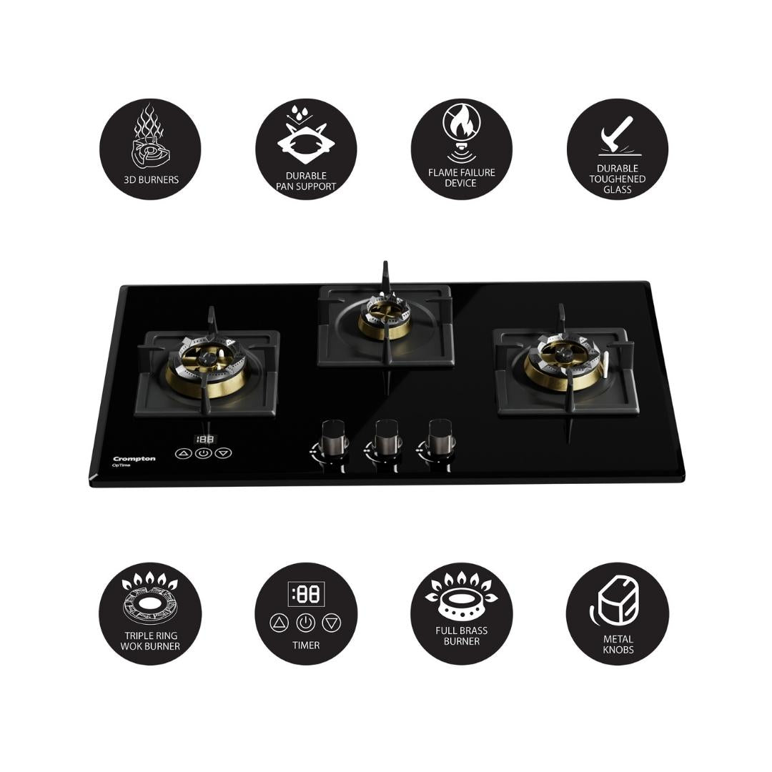 Crompton 78 cm 3 Burner Hob Optime Series HOB-OPFB783TI-MBL