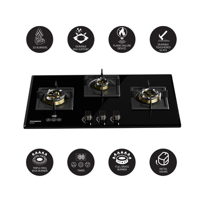 Crompton 78 cm 3 Burner Hob Optime Series HOB-OPFB783TI-MBL