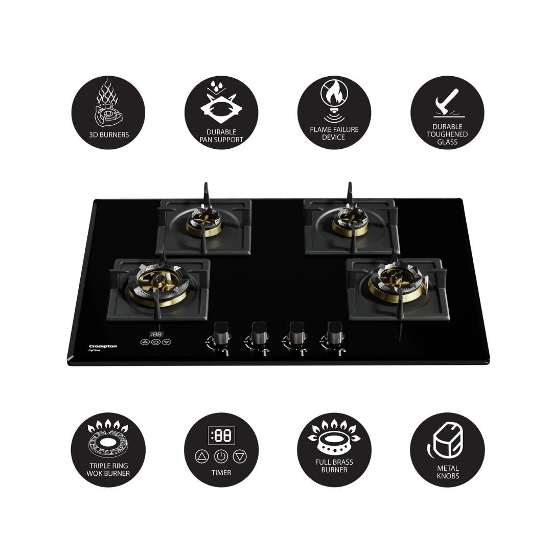 Crompton 78 cm 4 Burner Hob Optime Series HOB-OPFB784TI-MBL