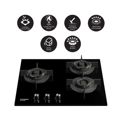 Crompton 60 cm 3 Burner Hob Sensosafe HOB-SSHB603-MBL
