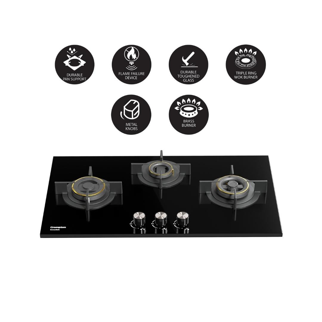 Crompton 78 cm 3 Burner Hob Sensosafe HOB-SSHB783-MBL