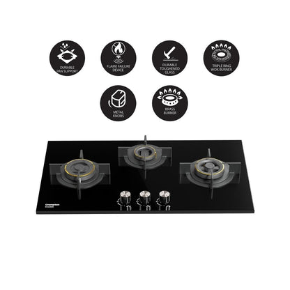 Crompton 78 cm 3 Burner Hob Sensosafe HOB-SSHB783-MBL