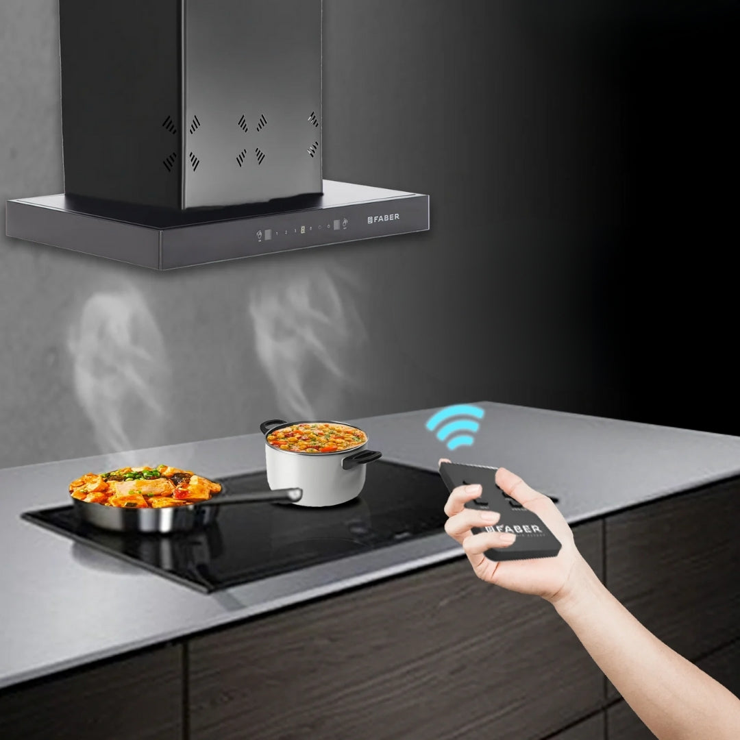 Faber 60 cm Wall Mounted Chimney HOOD CYGNUS IN 3D HC SC FL BK 60 + Faber 70 cm 4 Burner Hob Experia Series EXPERIA HT 704 ALU AI