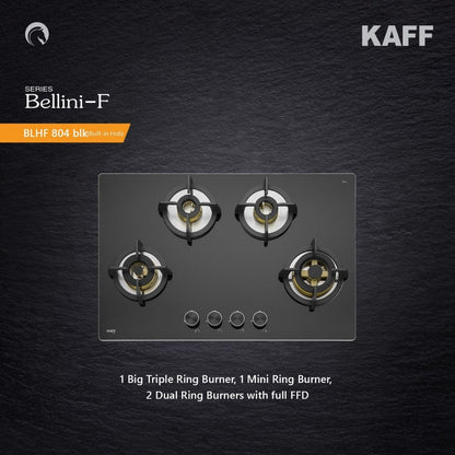 Kaff 75 cm Wall Mounted Chimney ALBURY 75 DC - BLDC + Kaff 80 cm 4 Burner Hob Bellini F BLHF 804X BL